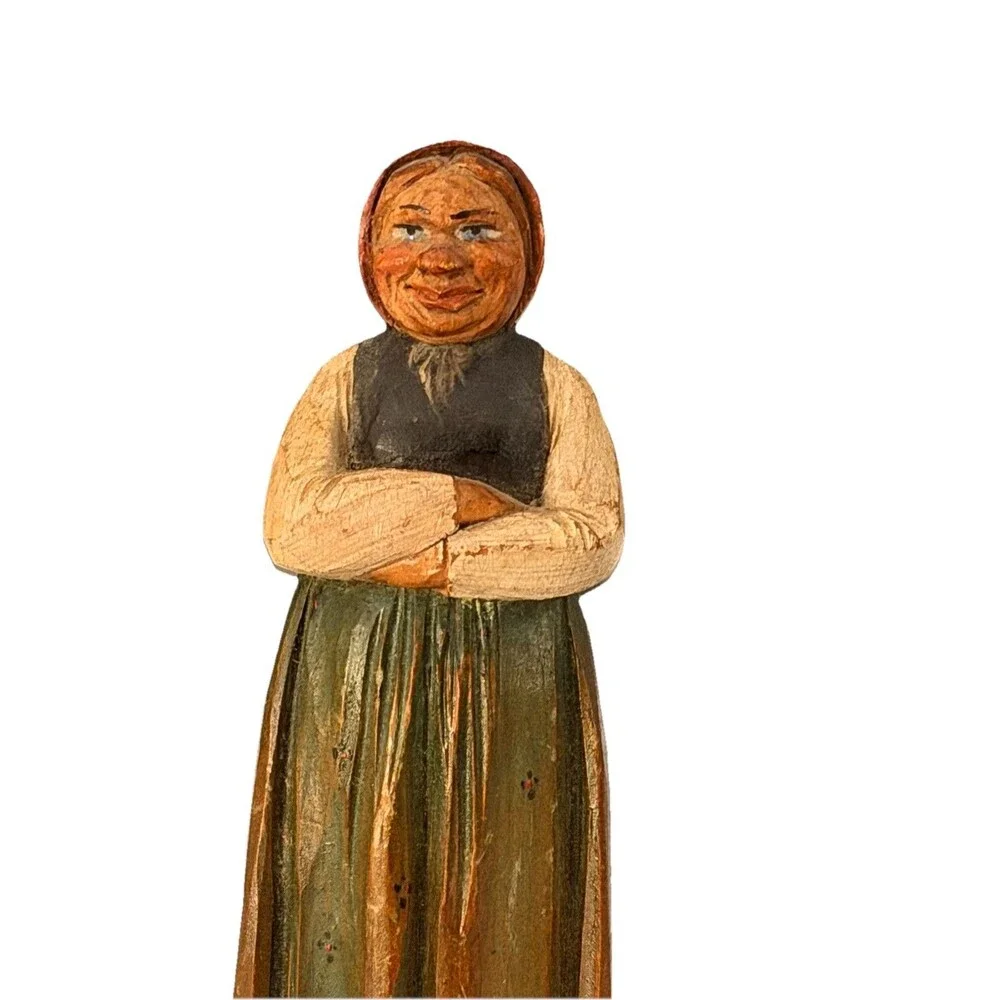 Vtg Hand Carved Wood Figurine Alpine Peasant Woman Folk Art ANRI Huggler Style